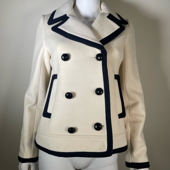 J. Crew Wool Cream Navy Trim Pea Coat Nello Gori Italian Fabric Jacket Womens 2 - Picture 3 of 16